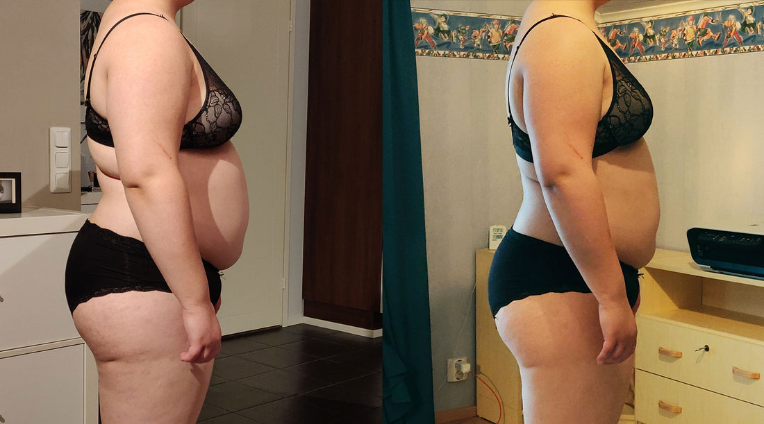 Anmarin ennen ja jälkeen kuva sivusta. Anmari osallistui FITFARMin KETO49-dieetille.