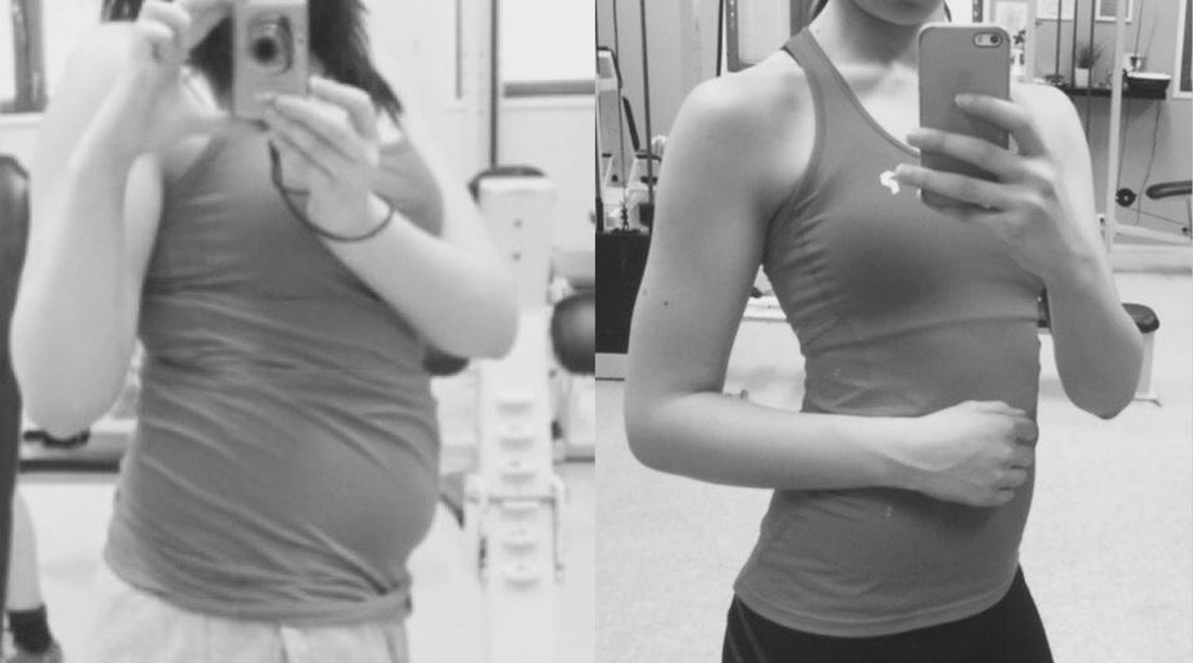 Nainen poseeraa peilin edessä, jossa näkyy hänen muutokset FITFARMin Bikini Challenge valmennukesta.