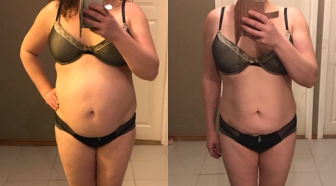 Katrin muutoskuva ennen ja jälkeen FITFARMin KETO49-ketodieetin.