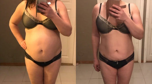Katrin muutoskuva ennen ja jälkeen FITFARMin KETO49-ketodieetin.