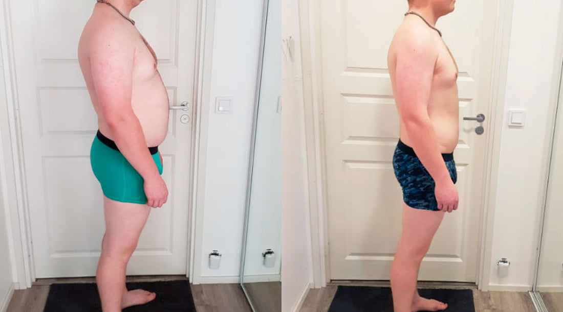 Antin ennen ja jälkeen kuva. Antti osallistui FitFarmin Keto49-ketodieetille, joka perustuu ketogeeniseen ruokavalioon.