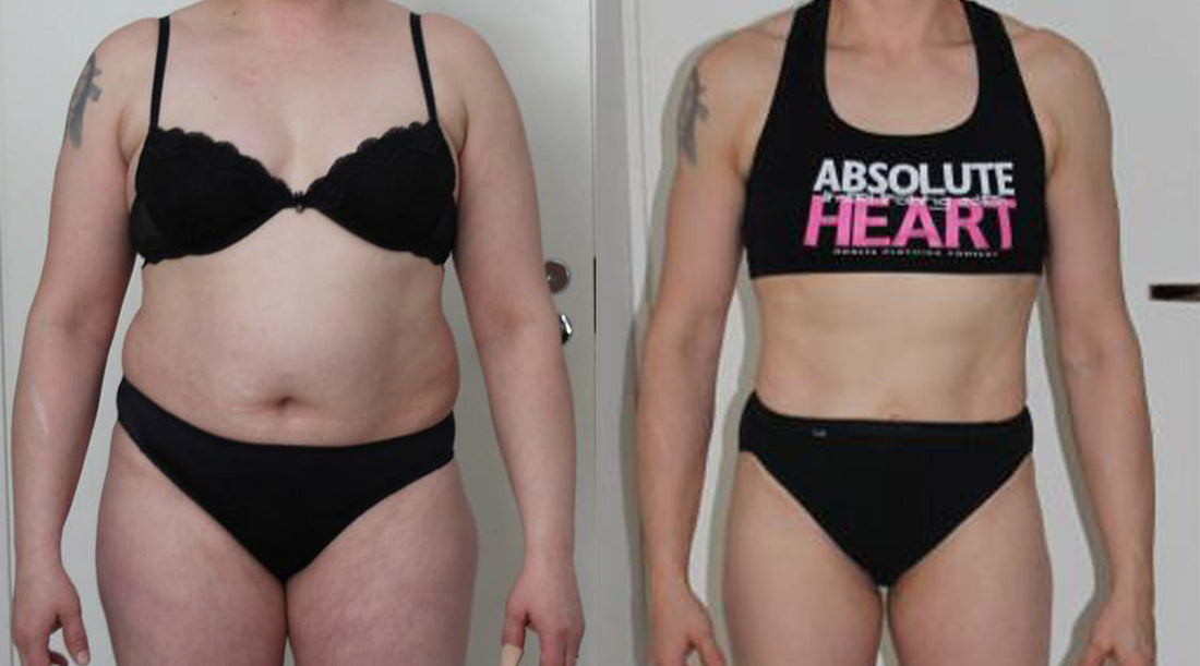 FITFARMin verkkovalmennuksessa mukana ollut Jaana poseeraa upeissa ennen ja jälkeen muutoskuvissa edestä.