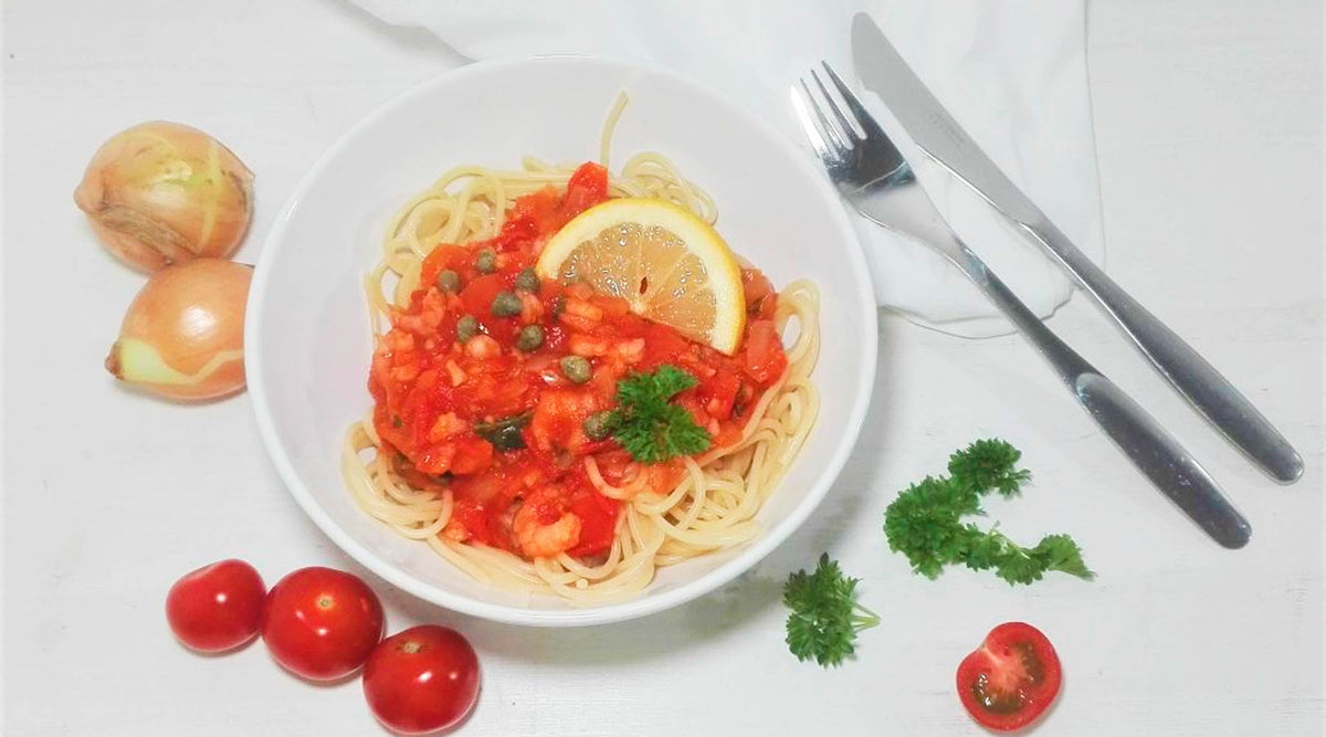 Tomaattinen ja sitruunainen katkarapupasta